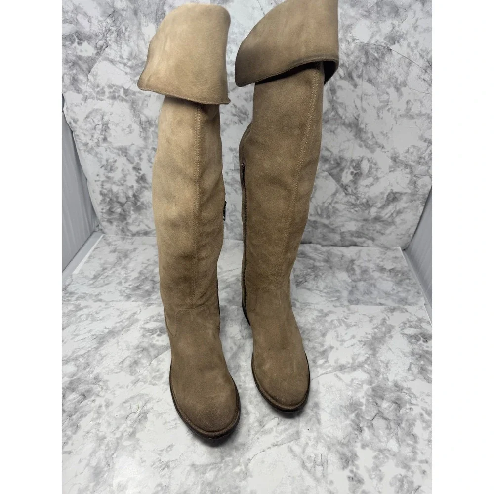 Frye Melissa Over The Knee Boots Tan Suede Boho fold Over Cuff Tall Flat Boot